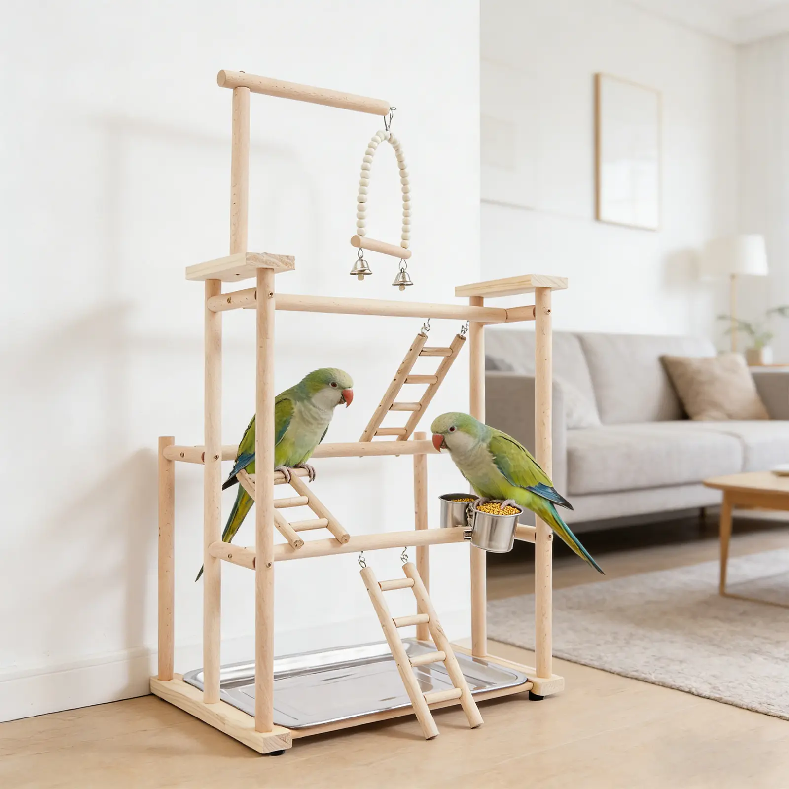 Multi-Tiered Wood 3-Tier Beech Wood 1 Parrot Rack (44*31*79cm, 2.5kg) - Modern Indoor Furniture Countertop Bird Stand for Small Birds, Parrot, 1 English Installation Diagram, All Accessories For Assembly