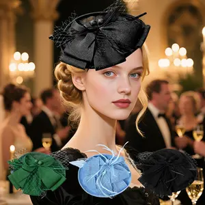 Women's Elegant Linen Fascinator Hat Vintage Feather Headwear Cocktail Tea Party Hat for Horse Racing
