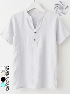Men's summer linen short - sleeve shirt, with a crew - neck V - notch Plain design and buttons, Casual is lightweight. It's a must - have linen short - sleeve for men in summer, perfect for the back - to - school season.