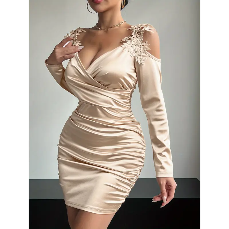 Sensual Satin Bodycon Dress - Elegant Dresses for Women with Cold Shoulder,  Ruched Detailing, and Guipure Lace -
