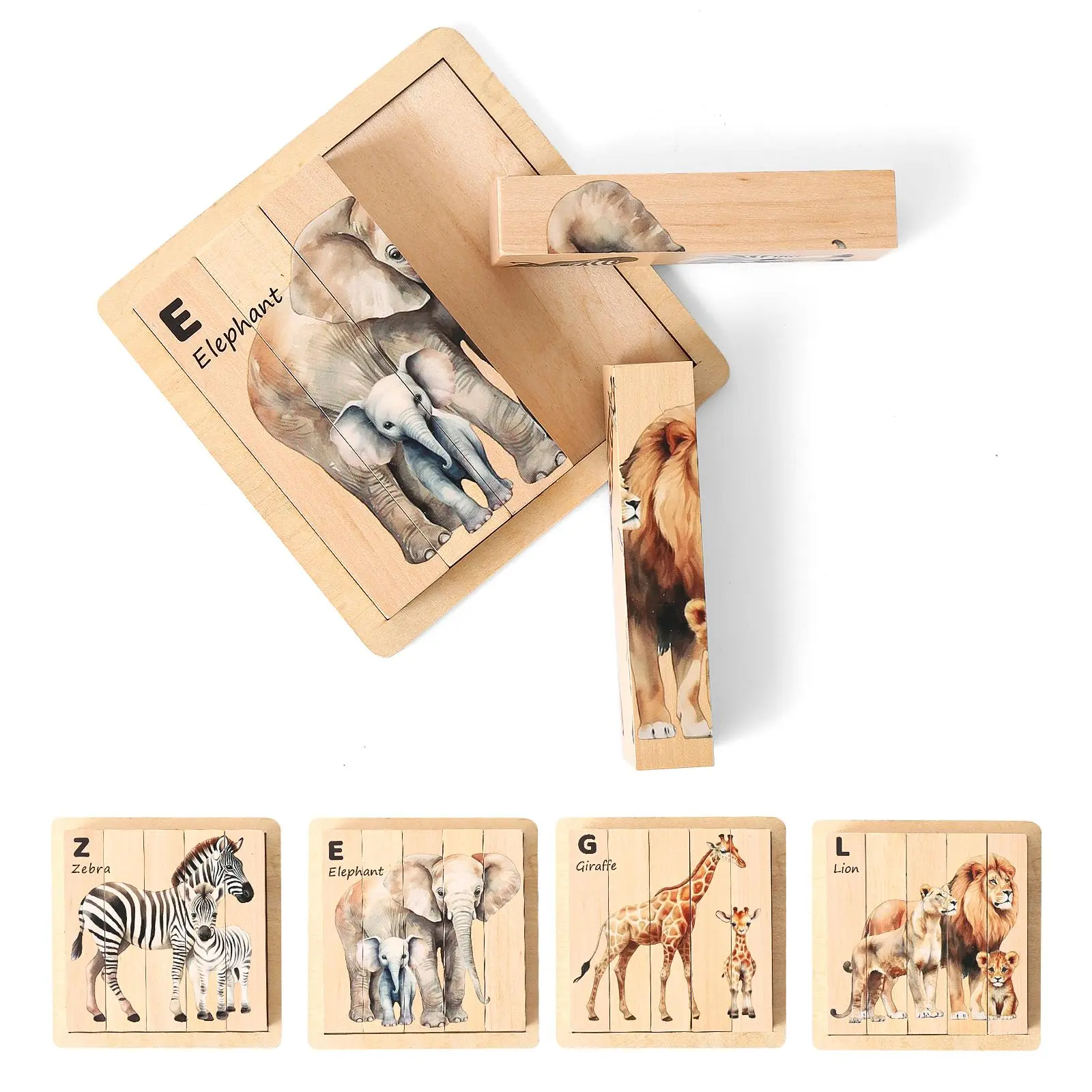DealsForYouDays 4-in-1 Wooden Safari Animal Shape Puzzle Set - Montessori Educational Language Toy with Storage Tray, Puzzle Game Gift for Toddlers Early Learning