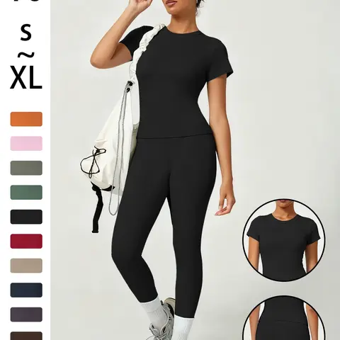 Women's Sporty Fitted Yoga Set, Soft Breathable Short Sleeve Top & Elastic Pants, Ideal for Fitness Running Outdoor Activities, Sporty Round Neck, Athleisure Wear Sets, Soft Stretch High Waist Activewear, Activewear Workout Set, Women Workout Clothes
