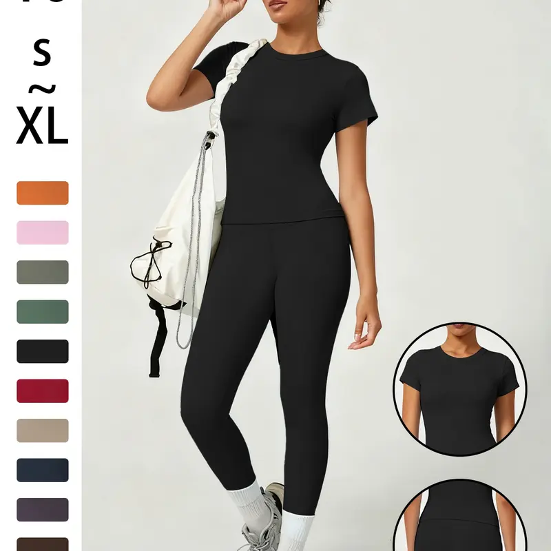 Women's Sporty Fitted Yoga Set, Soft Breathable Short Sleeve Top & Elastic Pants, Ideal for Fitness Running Outdoor Activities, Sporty Round Neck, Athleisure Wear Sets, Soft Stretch High Waist Activewear, Activewear Workout Set, Women Workout Clothes