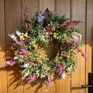 18-Inch Artificial Spring Flower Wreath, Faux Flowers Eucalyptus Style Front Door Wreath, Farmhouse Wall Decor for Spring Summer Home Decoration