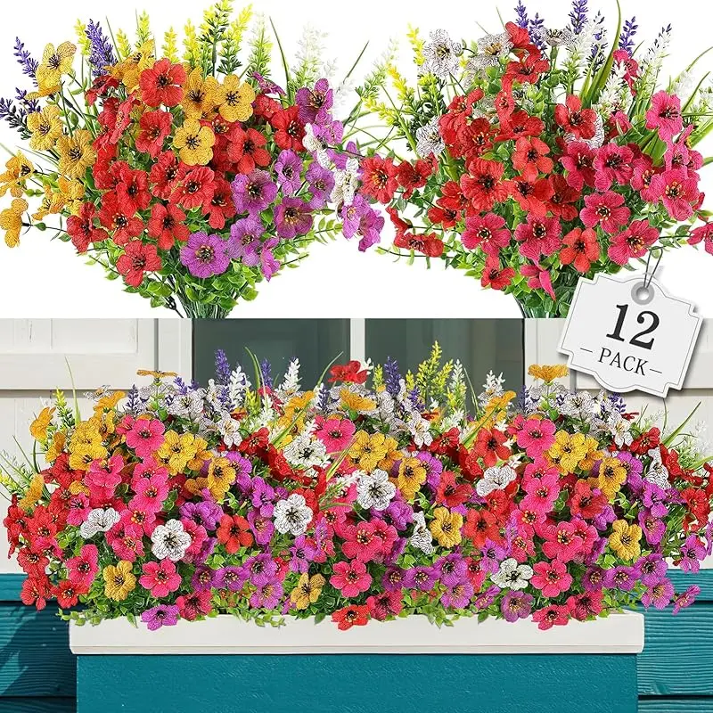 24 Bundles Artificial Flowers for Outdoor,No Fade Fake Plastic Flowers  Plants for  planters Indoor Outside Garden Porch Window Box Home Wedding Farmhouse flower arrangement