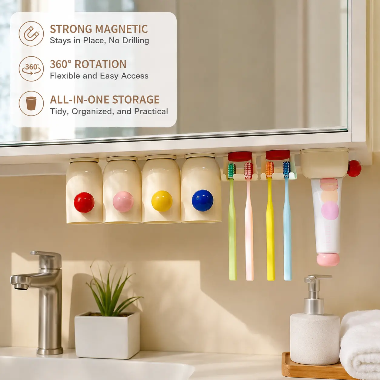 1 Count, Wall Mounted Magnetic Toothbrush Cup Set with Color Coded Knob, Toothbrush Holder and Toothpaste Squeezer for Bathroom Daily Storage