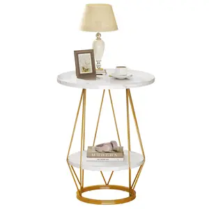 YITAHOME Round End Table, 2-Tier Marble Sofa Side Table with Storage Shelf, Modern Small Coffee Bedside Table with Faux Marble Top for Living room