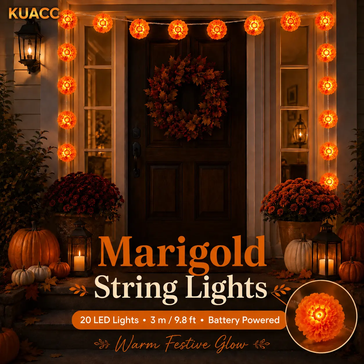 KUACC Lighted Marigold Garland,20 LED Artificial Marigold Flowers String Lights Dia de Los Muertos Decorations for Halloween Diwali Indian Party