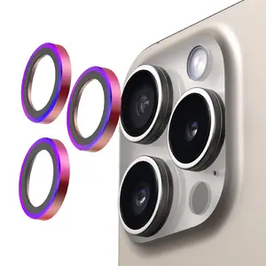 Camera Lens Protector for iPhone 15 Pro & 15 Pro Max 9H Tempered Glass & Slim Aluminum Ring, Ultra HD Clear, Easy Installation Kit [ 6.1 -inch/6.7-inchRainbow： (set of 3) ]