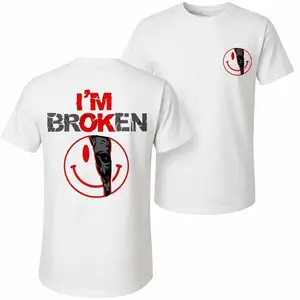 Men's Pure Cotton Short-Sleeve Shirt With I'm Broken Print—A Unisex Casual Style Perfect For Spring And Summer; Featuring A Cool Graphic Design And A Classic Crew Neck, Suitable For All Four Seasons.