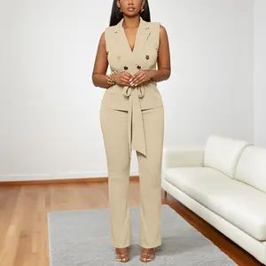 Echoine Womens 2 Piece Outfits Pants Suit V Neck Tie Waist Blazer Vest and Straight Pants Sets Business Casual Suits Curvy Lightweight Flowy Sleeveless Bodycon Fashion Dressy Cocktail