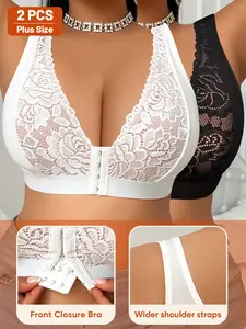Women's Plus Size Plain Bra Set, Medium Support Buckle Design, Unlined Full Coverage Bras for All Seasons, Casual & Fitness Wear