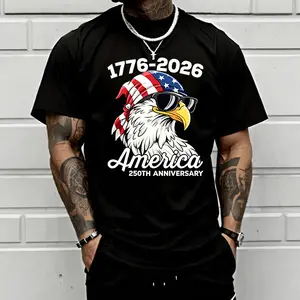 Memorial-themed printed men’s T-shirt featuring a trendy white eagle graphic with contrasting patterns; eye-catching and distinctive, with a loose, versatile fit—ideal for everyday outings and casual occasions, showcasing a fashionable attitude.