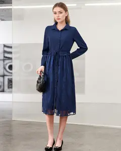 Womens A Line Casual Dress Collared Neck Drawstring Dress Flowy Long Sleeve Dresses  AF-LQ16108
