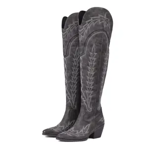 Over the Knee Cowboy Boots for Women Embroidery Cowgirl Boots Chunky Heel Side Zipper Boots Thigh High Western Boots