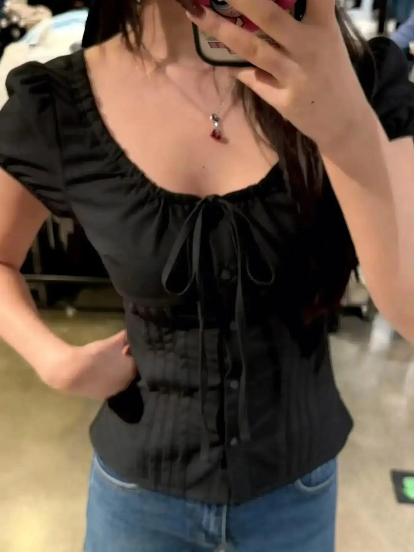Women's Pure Color Round Neck Bow Tie Button Blouse with Y2K Bubble Short Sleeves, Korean Style Cute Spring Summer Top for Casual and Date Looks, feminine chic romantic versatile trendy modern essential