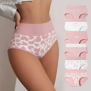 LuneLingerie Women's Cotton Panties Briefs, 4/6-Pack, Cute Love Print, High-Rise Cut, Snug Fit, Stretchy Band, Double Layer Crotch, Soft Breathable Underwear for Everyday & Postpartum Comfort
