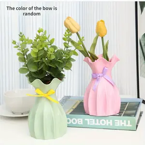 Chic Pink Plastic Vase with Yellow Bow - Elegant Tabletop Flower Pot for Living Room Decor, Pastel Home Accent with Stylish Bow Detail Ornaments Round