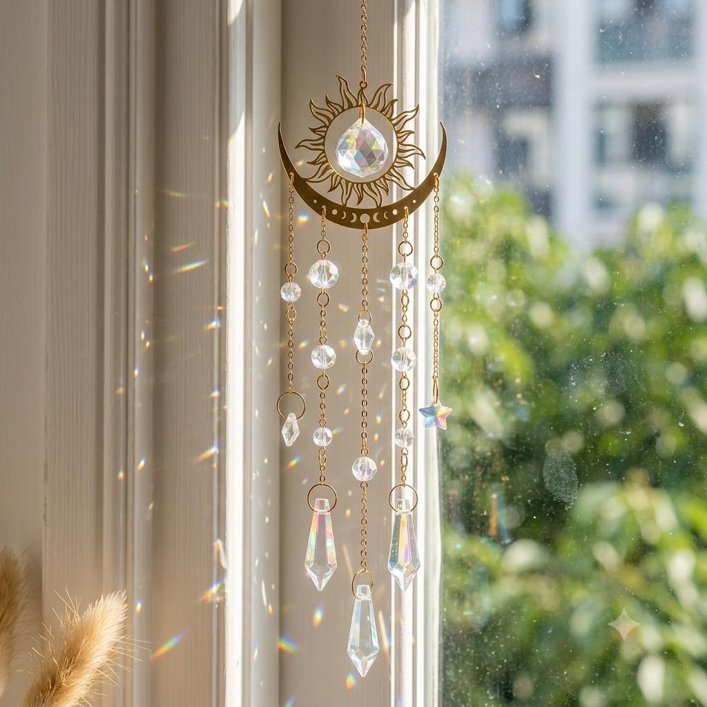 Sun Moon Crystal Suncatcher with Star Charms - Iridescent Glass Prism Rainbow Light Pendant, Long Chain Window Decoration for Indoor Boho Wall-Hanging Home Aesthetic Decoration