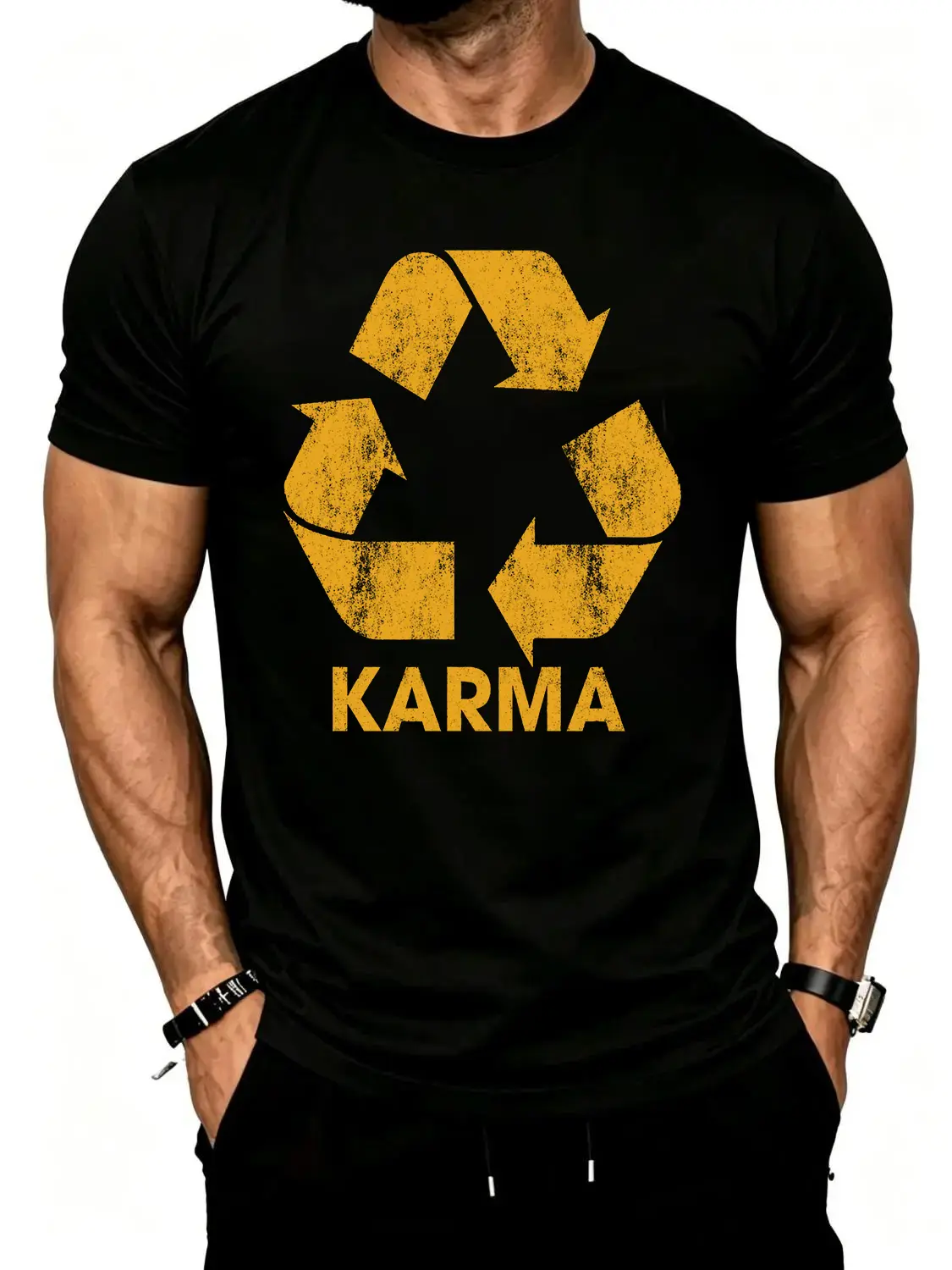 Men’s Karma Recycle T-shirt — funny motivational “positivity universe” graphic novelty tee; men’s funny T-shirts; cool vintage fashion T-shirt; gift; classic menswear; funny motivational short-sleeve novelty tees for Black.
