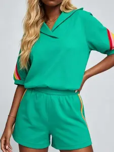 Sea Green Rainbow Colorblock 2 Piece Set, Collared Short Sleeve Top With Shorts, Loose Comfortable Casual Outfit For Women, Daily Street Holiday Loungewear SummerVibes