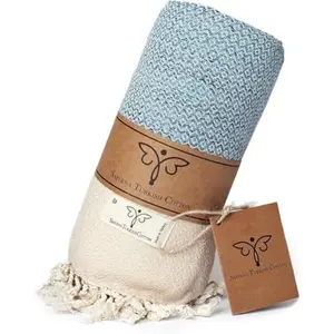 SMYRNA TURKISH COTTON Throw Blanket Vintage Series, 50x60 inch, Outdoor Blankets, Throws and Blankets for Couch, Sofa, Bed, Chair, Beach Picnic, Travel Boho Turkish Blanket Throw, Light Blue