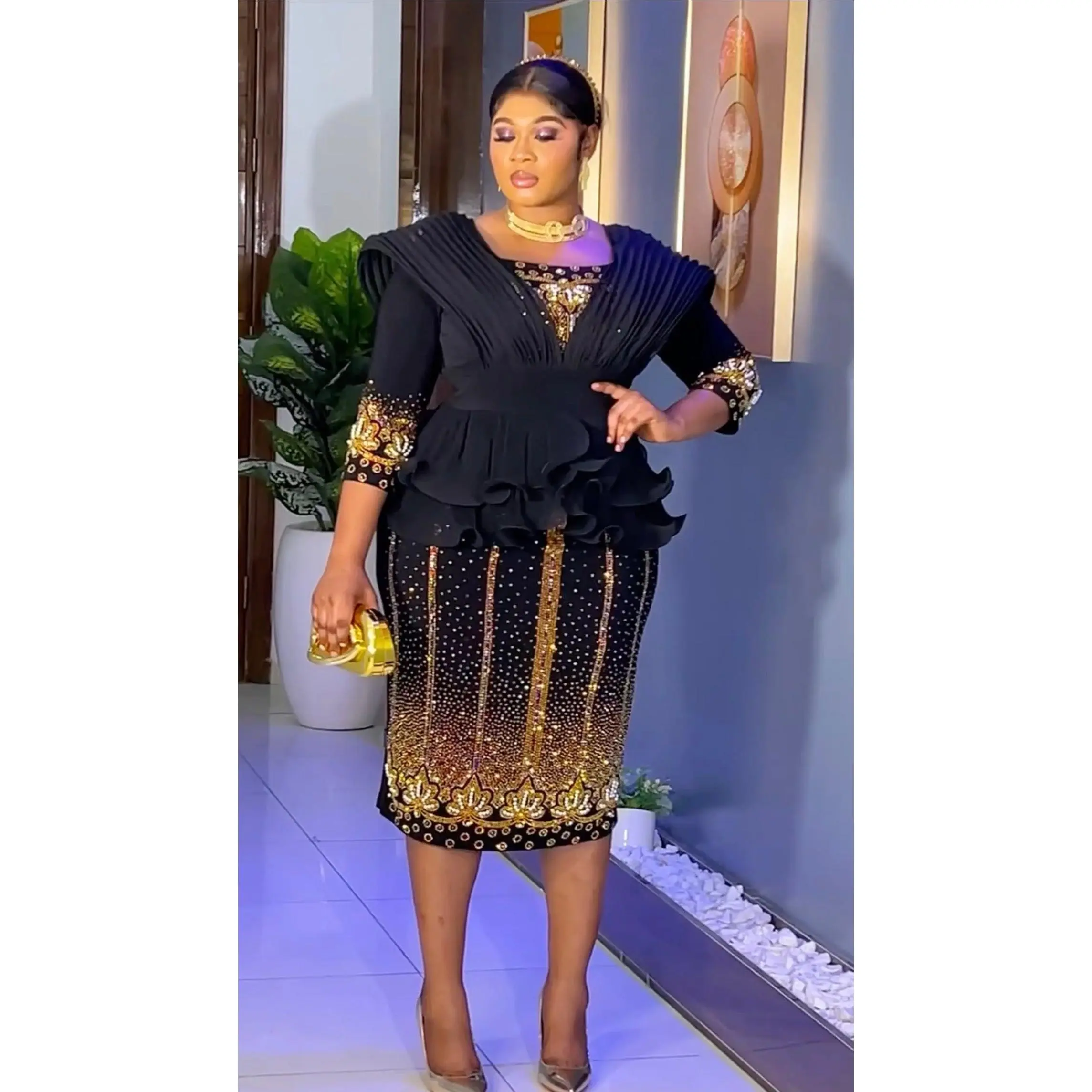 Black Dramatic Ruffle Shoulder Rhinestone-Embellished Peplum Midi Dress:  Wedding Guest Cocktail Birthday Dinner - TikTok Shop