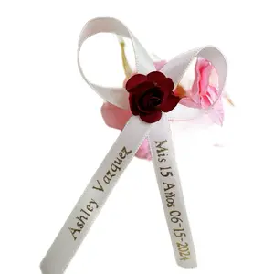 Personalized Quinceañera & Baptism Ribbons - Blue Customized Event Decorations with White Rose Accent for Special Celebrations