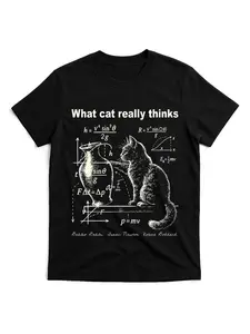 1PCS Unisex Cool Graphic Tee, Cat and Physics Joke Design with Kinematic Equations, Unique Gift for Science Students, Teachers, and Cat Owners in Daily Life