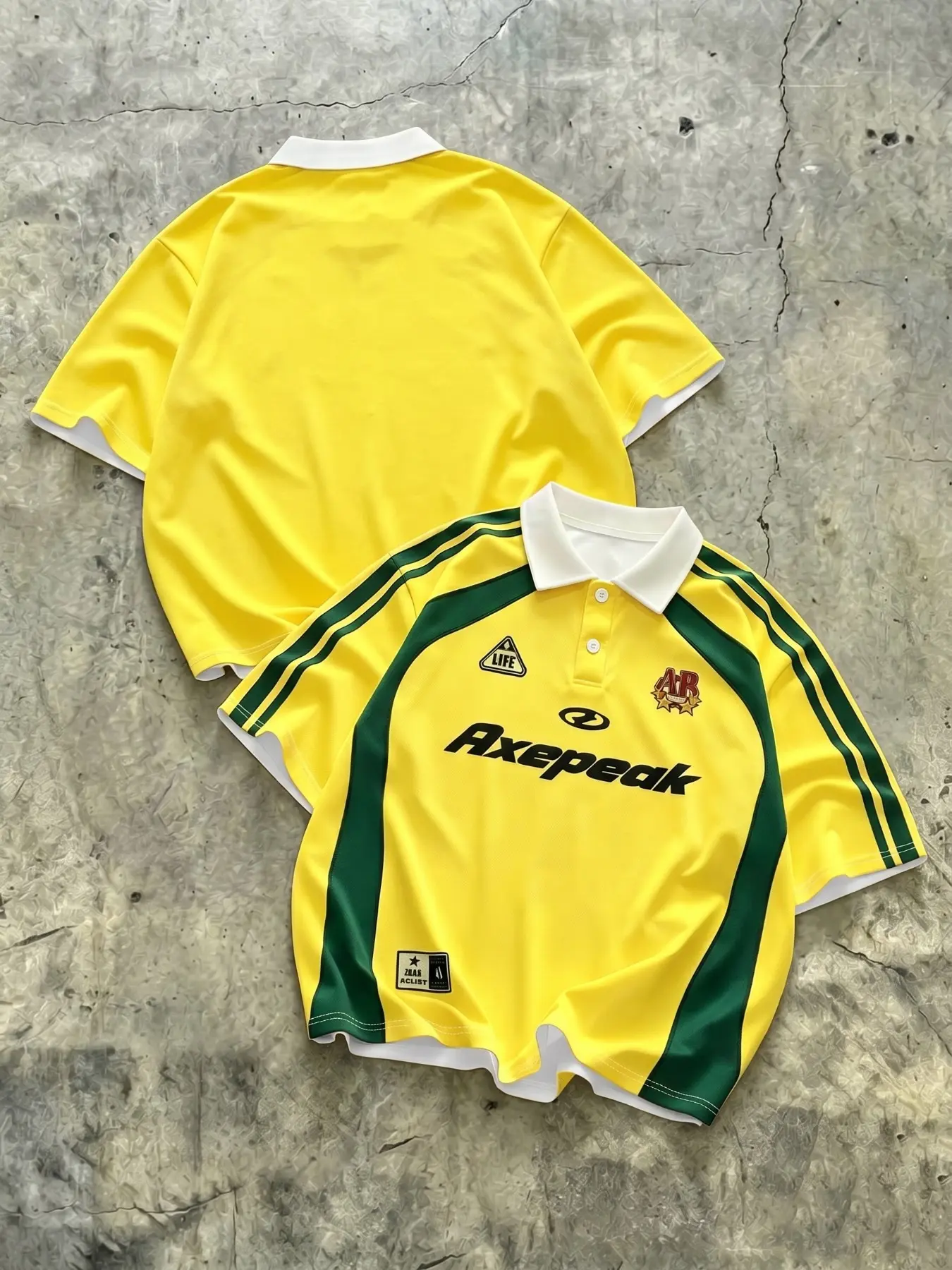 Men's "Axepeak" Yellow & Green Retro Soccer Polo Jersey, 100% Polyester, Breathable Mesh Fabric, Oversized Streetwear Football Shirt, Ideal for Casual Wear & Vintage Sports Aesthetic, Breathable Sports Tops