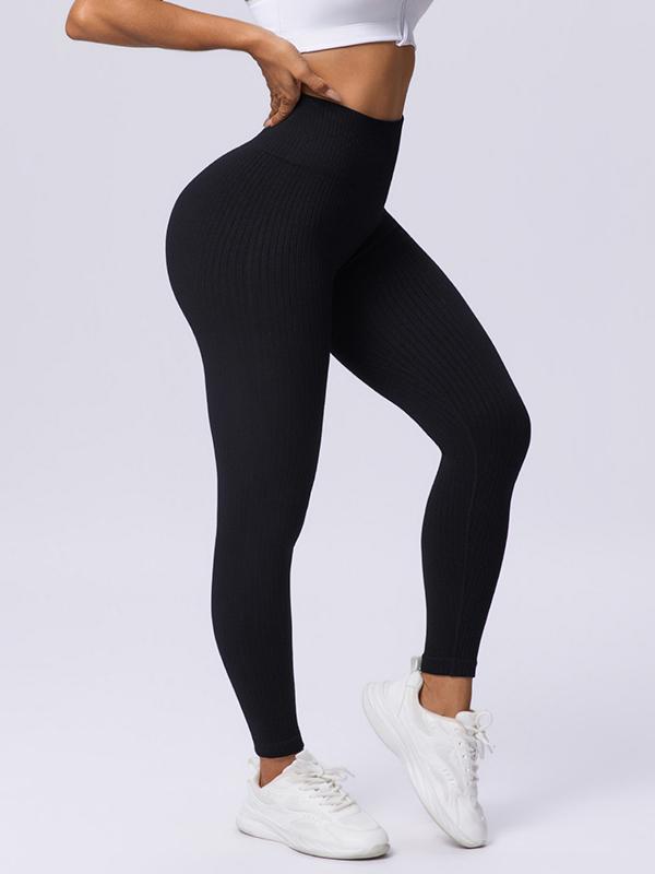 Fashion Candy Colors Women High-Waisted Butt-Lifting Tummy-Control Leggings, Soft Comfortable Breathable Elastic Ribbed Texture Sport Pants, Gym Workout Yoga Fitness Leggings, Suitable For Casual and Versatile Styles, Everyday Wear Must-Have For Wardrobe