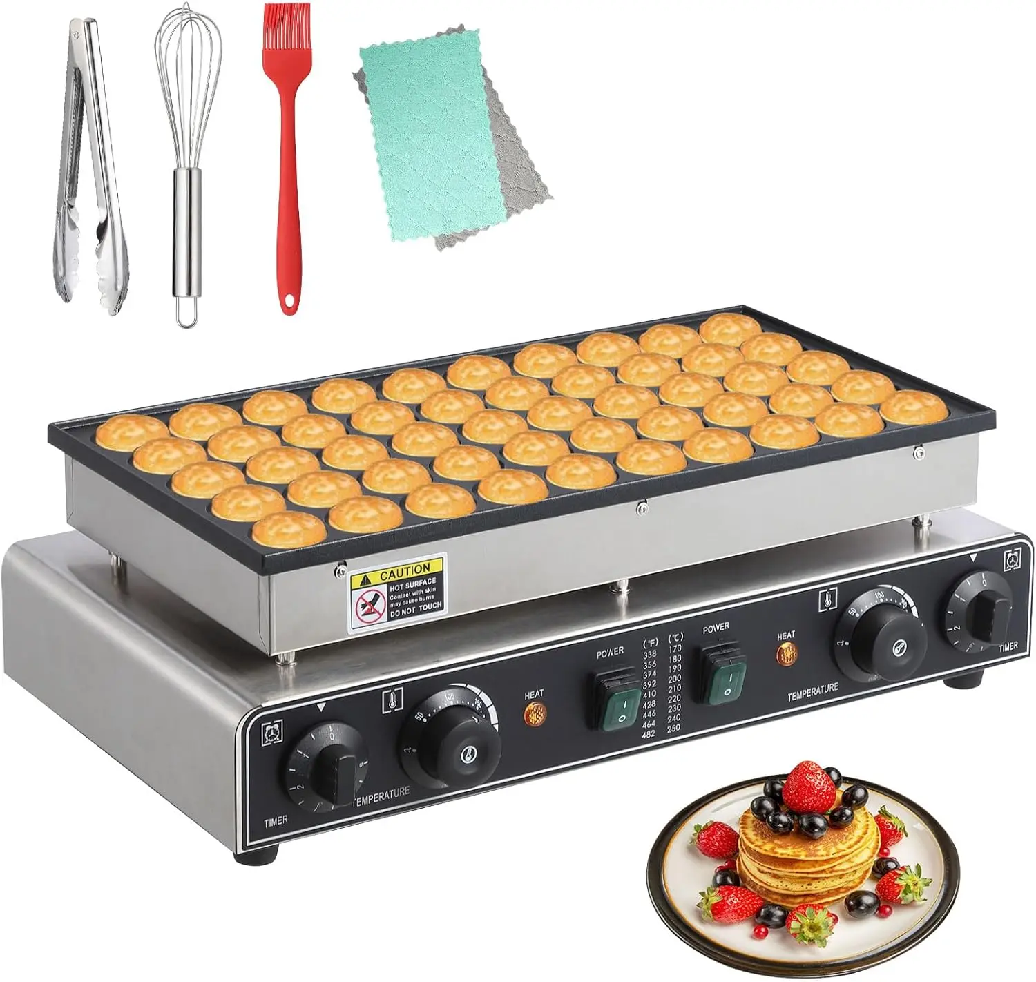 【Christmas Gift】Mini Muffin Maker, 50 Hole Stainless Steel Electric Muffin Maker with 50-300°C Temperature and Time Control, Commercial Non-Stick Pancake Maker for Home and Restaurant Silver 850W 110V