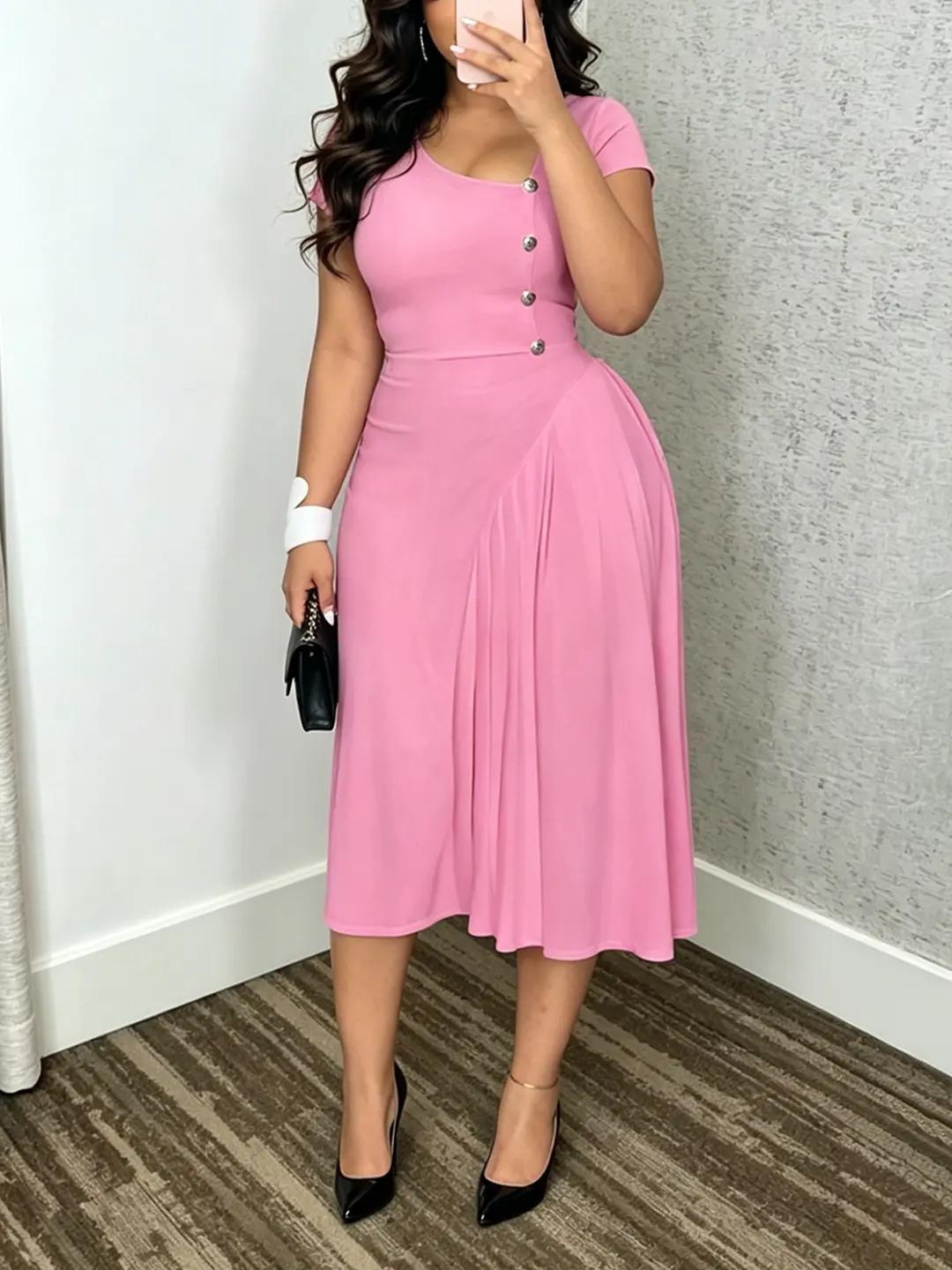 Elegant Pleated Dress for Women Short Sleeve Asymmetrical Neck Midi Dresses Formal Church Dress Womenswear Button Party Workwear