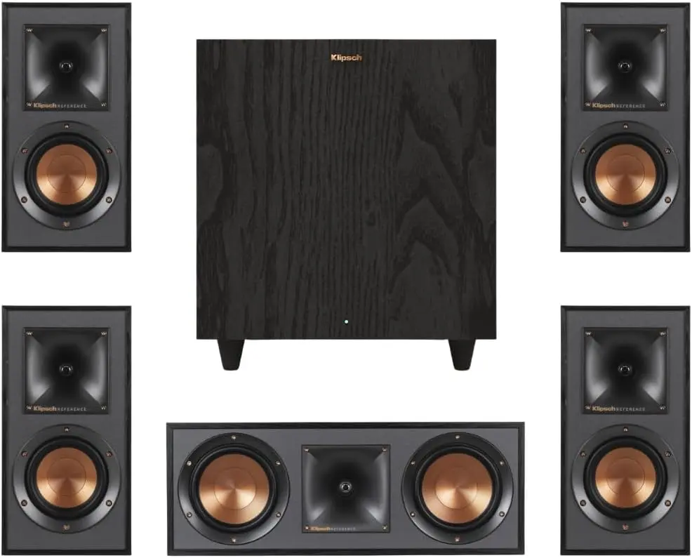 Klipsch Reference Home Theater Speaker Bundle – Includes (4) R-41M Bookshelf Speakers, (1) R-52C Center Channel, and (1) R-80SWi 8" Wireless Subwoofer for Immersive Surround Sound