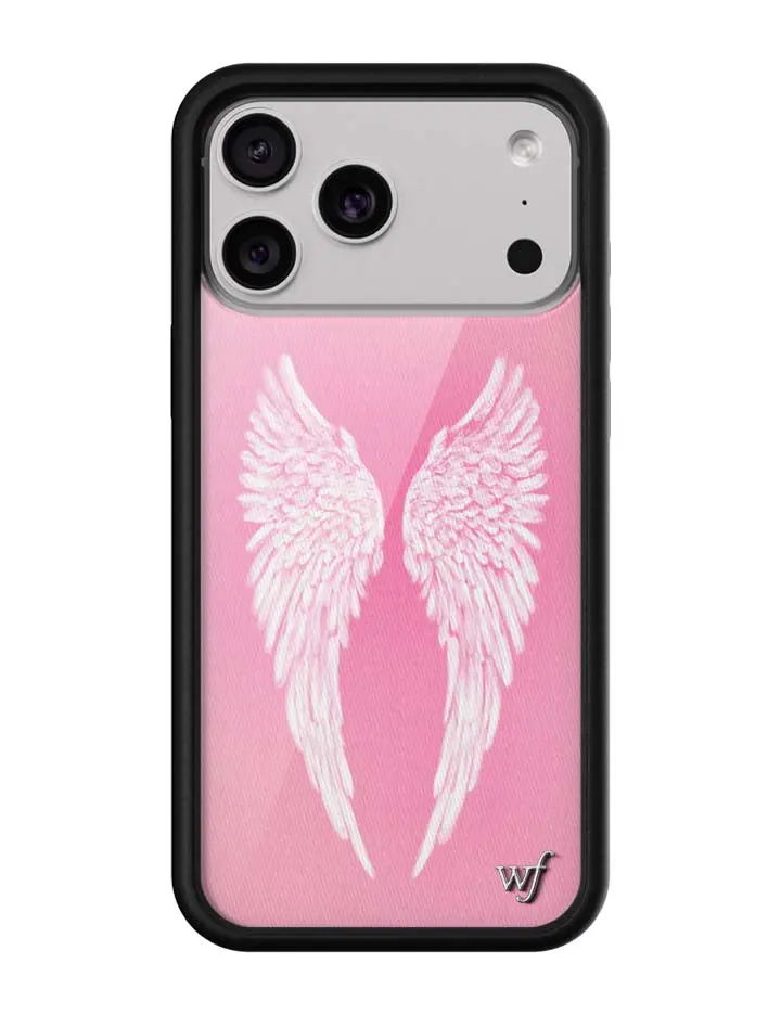 Angel Baby Limited Edition Trendy Collab Custom Cellphone Case, Women's Owned Small Business Accessory, White Feather Angel Wings on Pink Background, Raised Durable Shockproof Black Bumper, Gift for Her