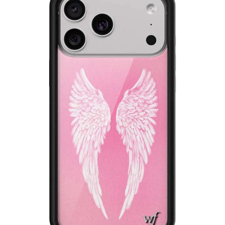 Angel Baby Limited Edition Trendy Collab Custom Cellphone Case, Women's Owned Small Business Accessory, White Feather Angel Wings on Pink Background, Raised Durable Shockproof Black Bumper, Gift for Her