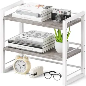 Office Desk Shelf Organizer,  Desktop Bookshelf Supplies Storage Rack, Shelf for Top of Desk and Dresser (Grey-2 Tier)