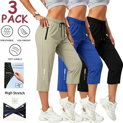Women's 7/8 Athletic Running Fitness Pants Quick-Dry, Ice Silk Breathable Stretchy for Workouts & Active Lifestyle Training, 3-Pack