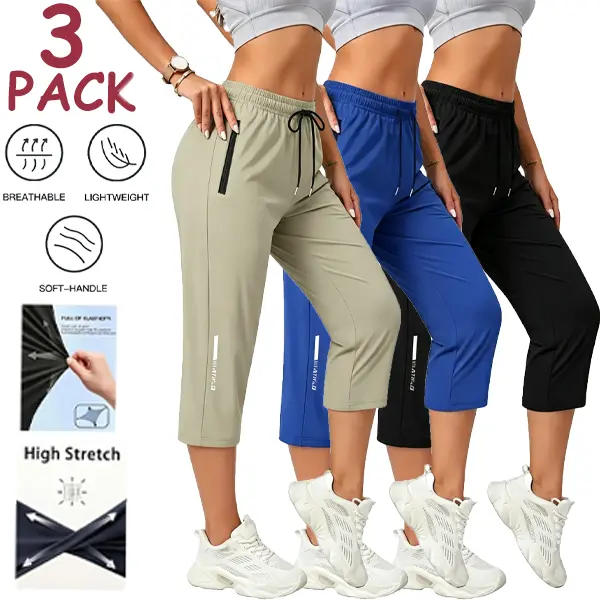 Women's 7/8 Athletic Running Fitness Pants Quick-Dry, Ice Silk Breathable Stretchy for Workouts & Active Lifestyle Training, 3-Pack
