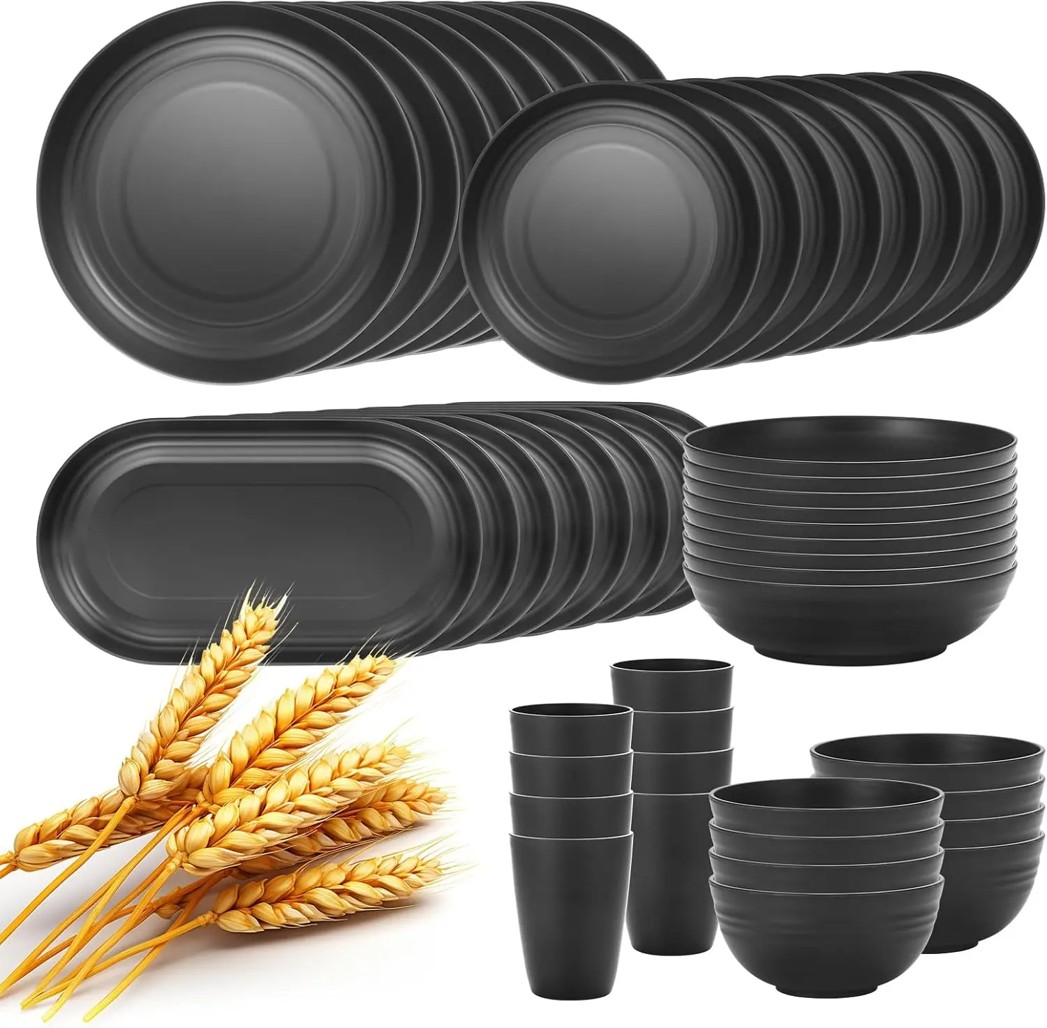 48-Pcs Kitchen Wheat Straw Dinnerware Set, Service for 8, Plastic Reuasble Dinner Dishes Serving Plate Set for Kitchen, Including Dinner Plate, Dessert Plates, Bowl, Cup(Black)