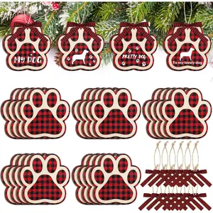 Wooden Dog Paw Print Christmas Hanging Ornaments with Bow Ties Ropes for Christmas Tree Holiday Festival Decor 24 Pcs Red and Black