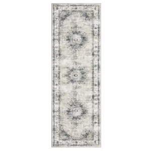 2 x 6 ft Light Green Polyester Rectangular Runner Rug, Vintage Floral Motif & Botanical Art Design, Low Pile Stain Resistant Floral Area Rug, High Traffic-Friendly, Machine Washable for Laundry & Bathroom, Vacuum Cleaner-Safe, Bathroom Safe