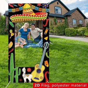 2D Flat 1PC Polyester Mexican Themed Photo Booth Frame Banner, Sombrero, Guitar & Cactus Element Design, Perfect for Indoor/Outdoor Party, Birthday, Wedding, Festival Celebration, Photography Backdrop, Window Display, Multi-Size Available