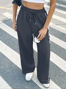 A women's black side stripe drawstring waist wide-leg casual fashion versatile sweatpants, Athletic Casual Trousers, suitable for summer, ideal for daily outings, commuting, casual shopping, and fitness workouts, High Waist Drawstring