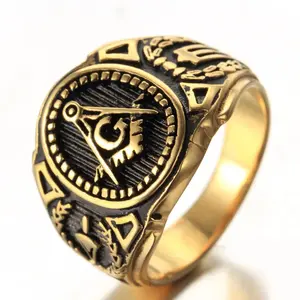 A  Stainless Steel Ring Men's Jewelry Wholesale Personality Golden Titanium Steel Masonic Ring RR0006
