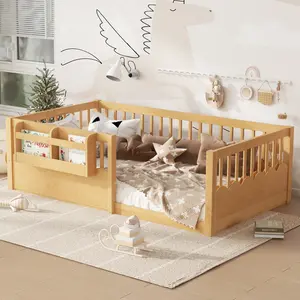 [Bellemave]Twin/Full Floor bed with Heightened Fence and bookshelf ,Wood Floor Bed for Kids, Natural.