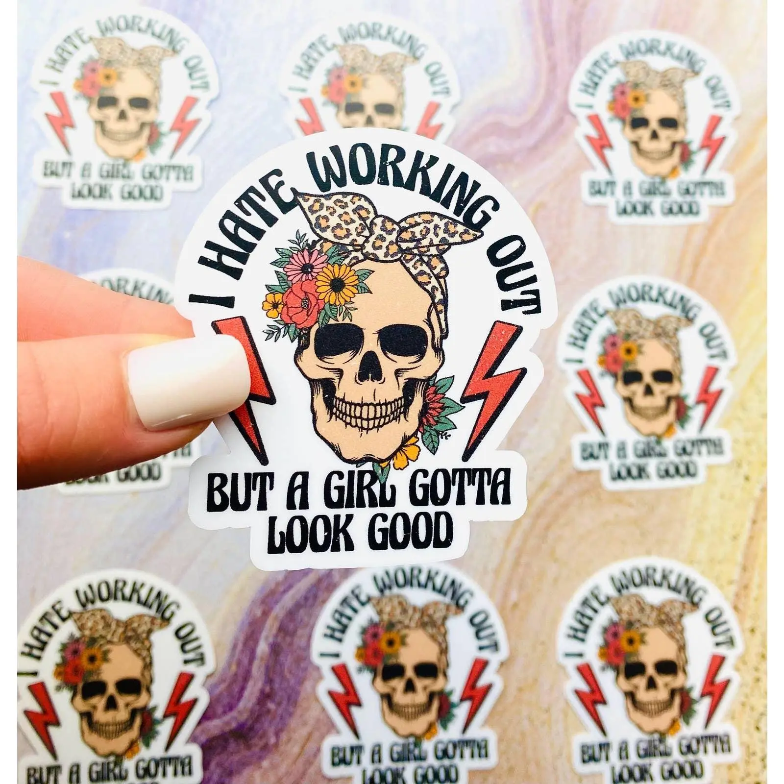 I Hate Working Out Sticker - Skull with Leopard Bow Workout Sticker for Gym & Weightlifting for Girls Women