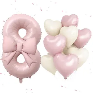 13pcs 40-Inch Number Balloons Set with Bow and Heart Alumina Balloons, Perfect for Girl Birthday Party, Baby Shower, Anniversary, Outdoor Decor