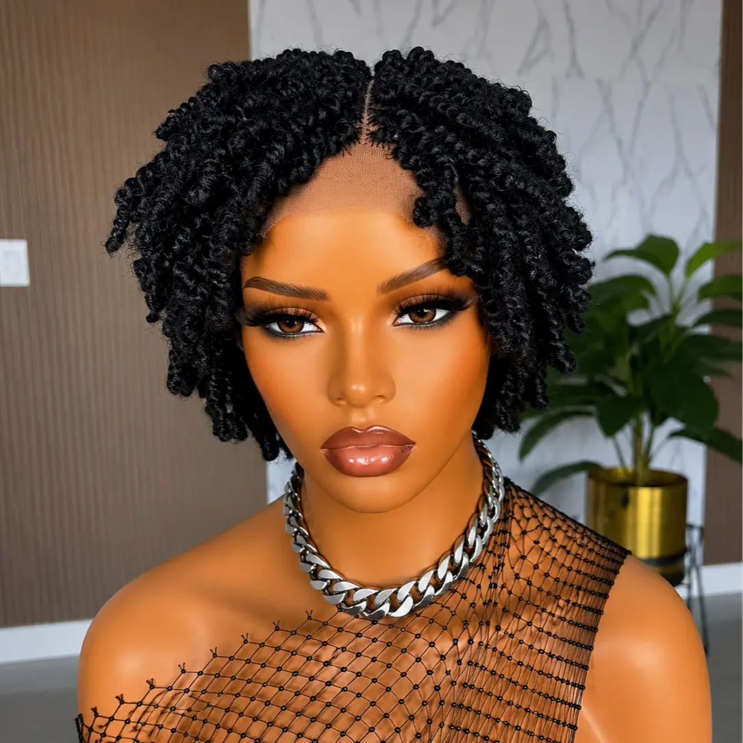 3 inch Short kinky barided wig for summer breaShort Kinky Twist Braided Wig for Women | 2x6 Closure Wig | Glueless Protective Style | Lightweight Summer Wig | Natural Looking Lace Wig