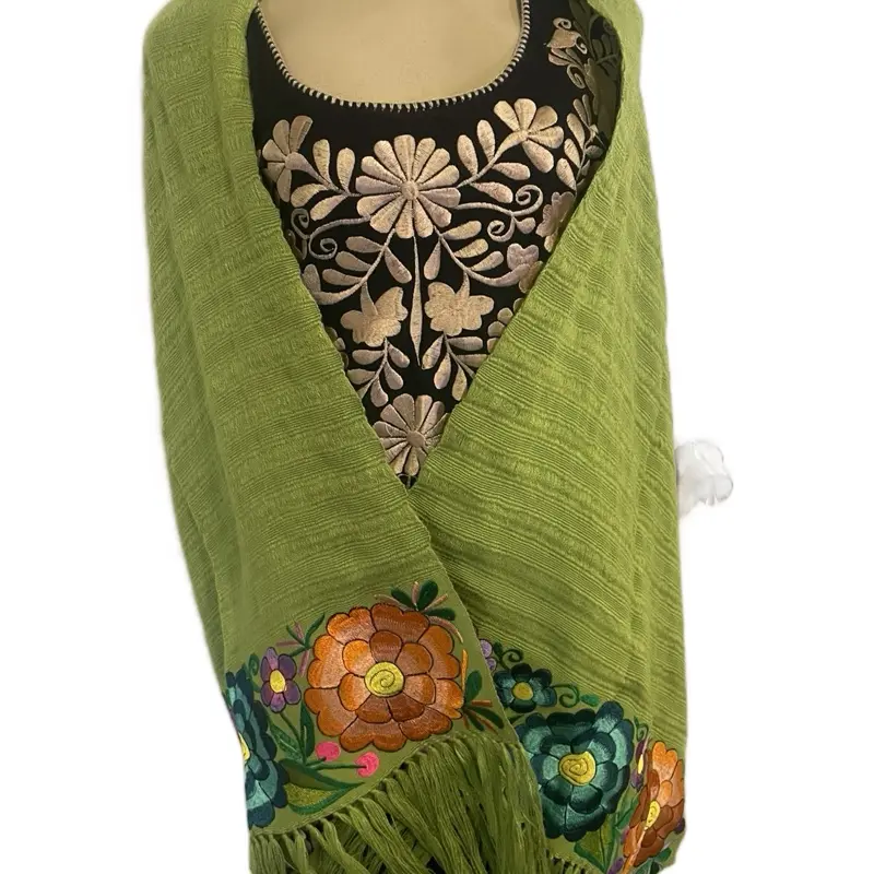 Traditional Mexican Rebozo Shawl with Vibrant Floral Design in Stunning Green Color Made in Mexico